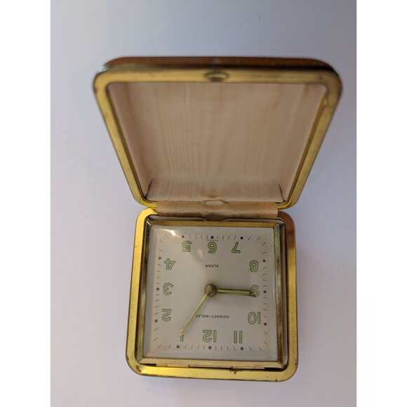 Vintage Phinney-Walker Travel Alarm Clock Gold & Brown Folding Case - Picture 1 of 7
